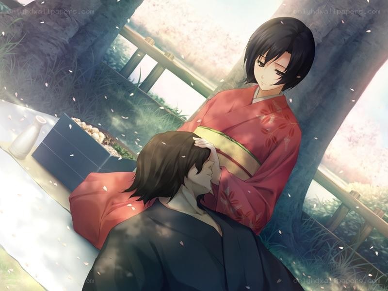 Two characters in a cherry blossom garden