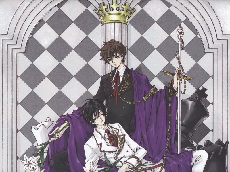 Two characters in a chess-themed scene
