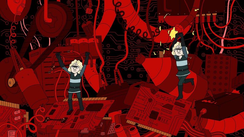 two characters in a circuit board world