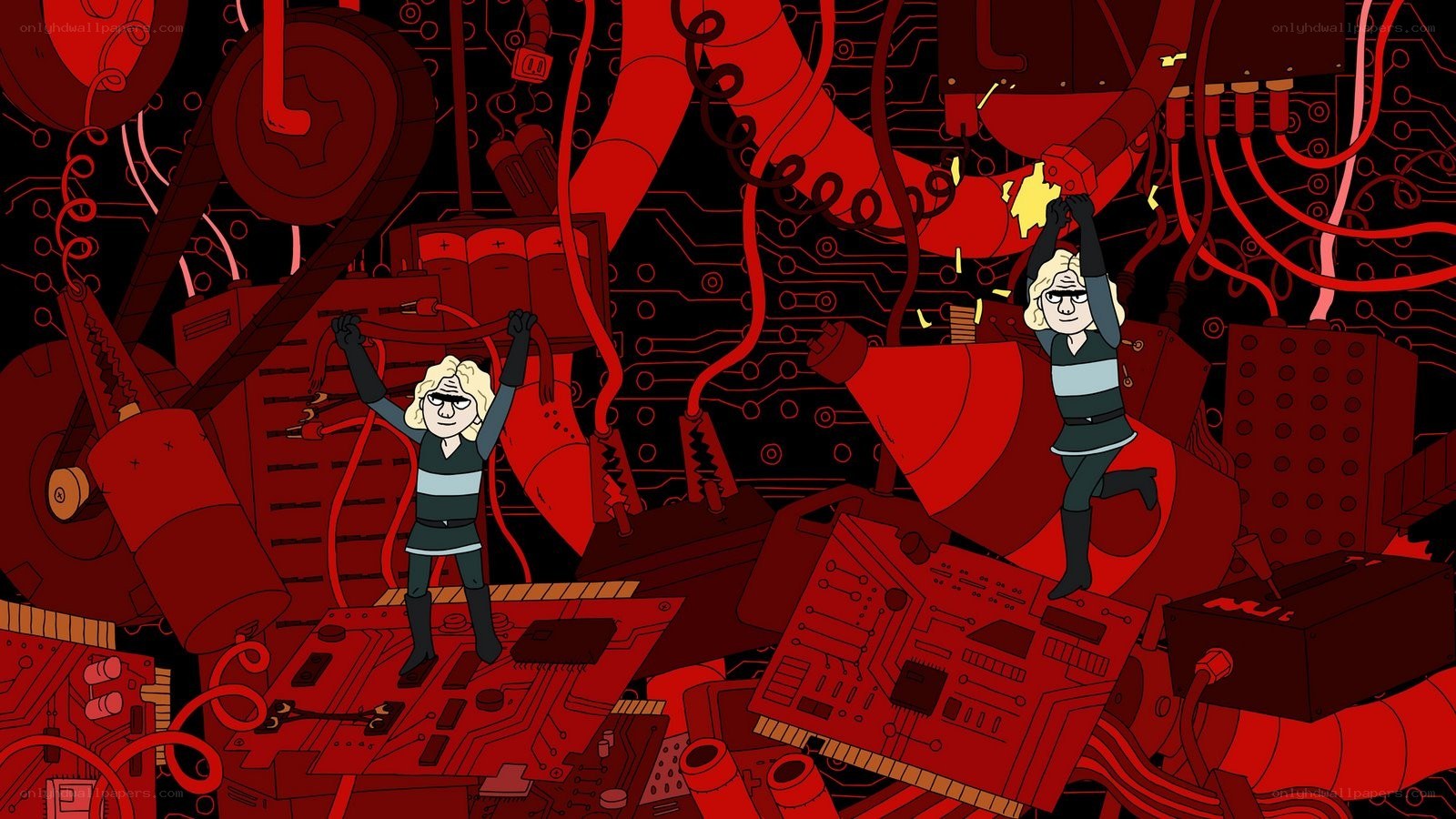 two characters in a circuit board world