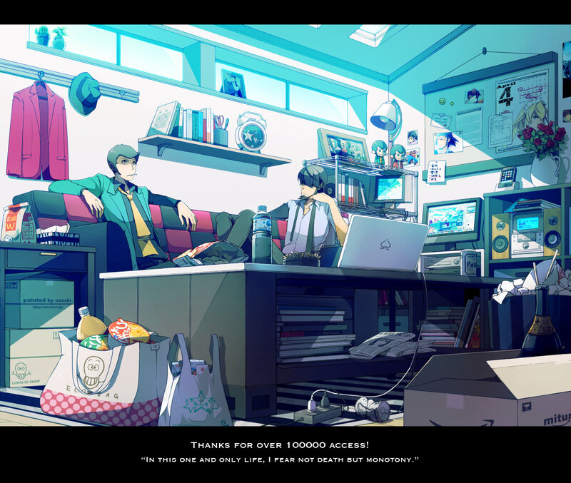 Two characters in a cluttered room