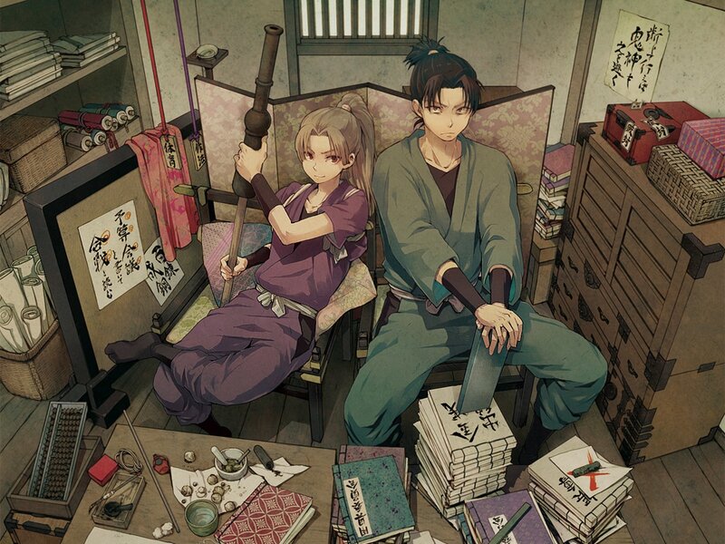 Two characters in a cluttered workshop