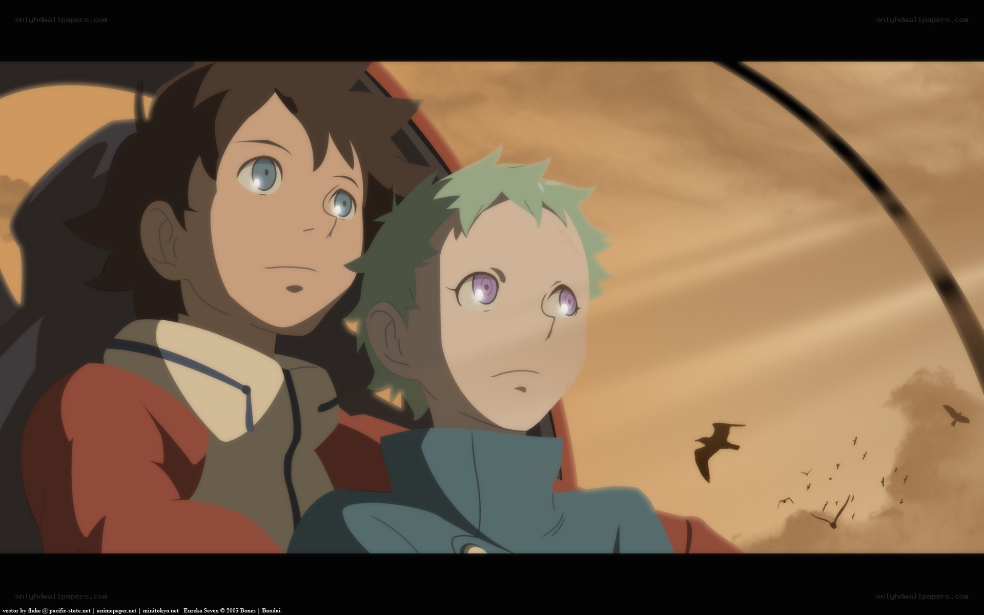 Two characters in a cockpit at sunset