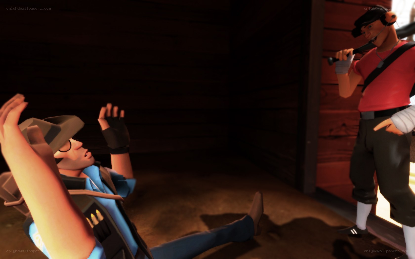 Two characters in a confrontation