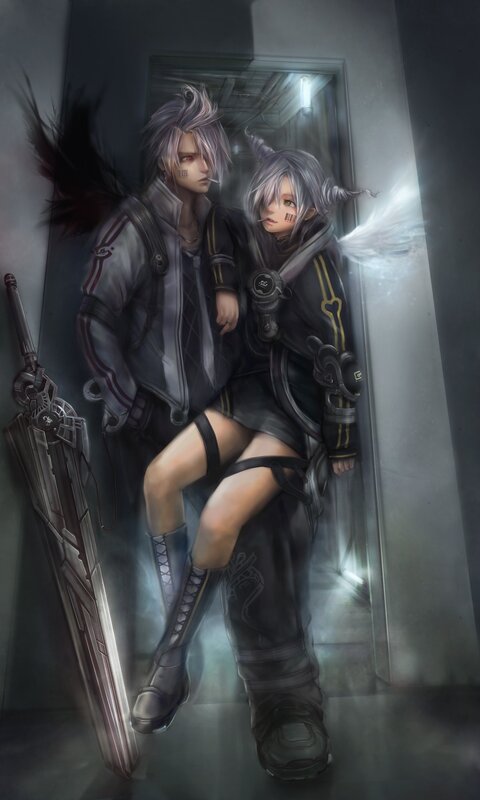Two characters in a corridor