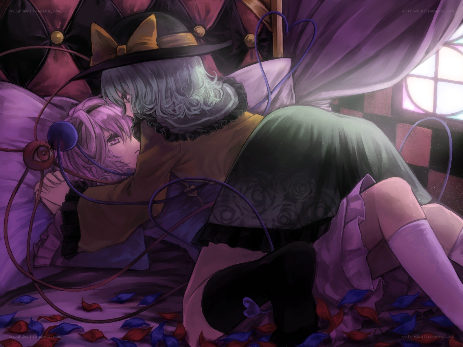 Two characters in a cozy embrace