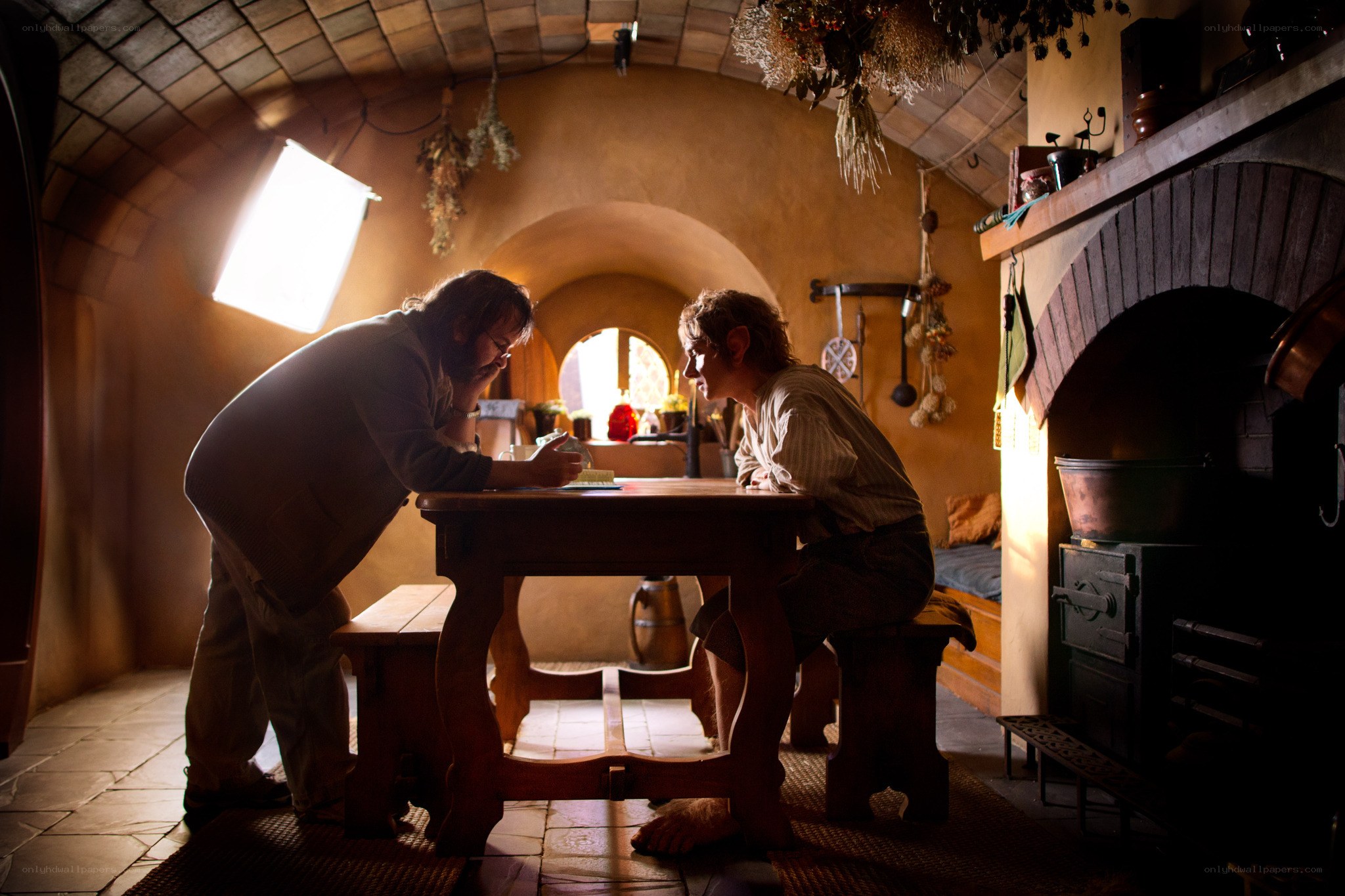Two characters in a cozy hobbit hole