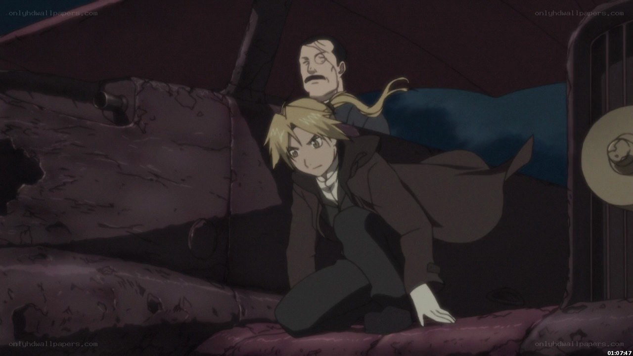 Two characters in a damaged vehicle