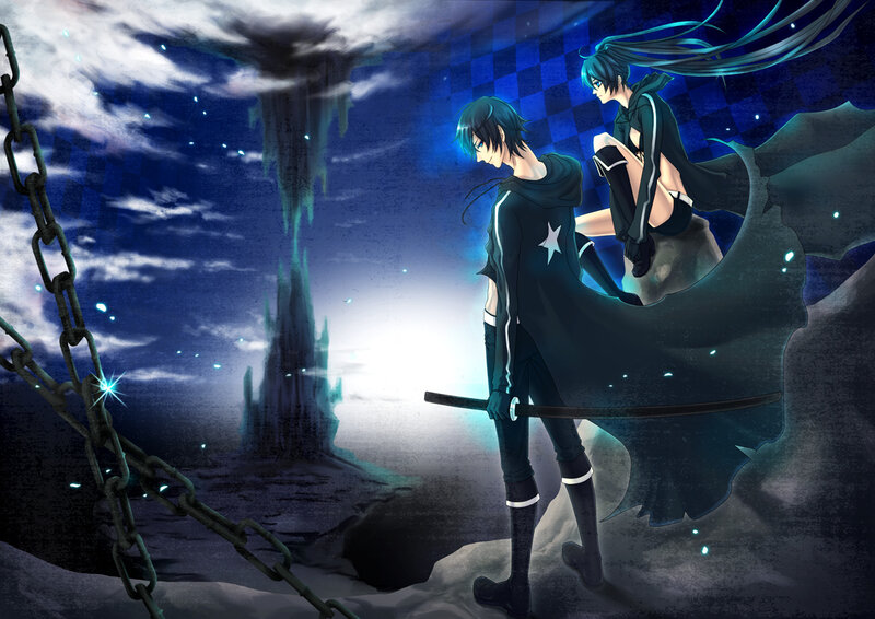 Two characters in a dark fantasy landscape