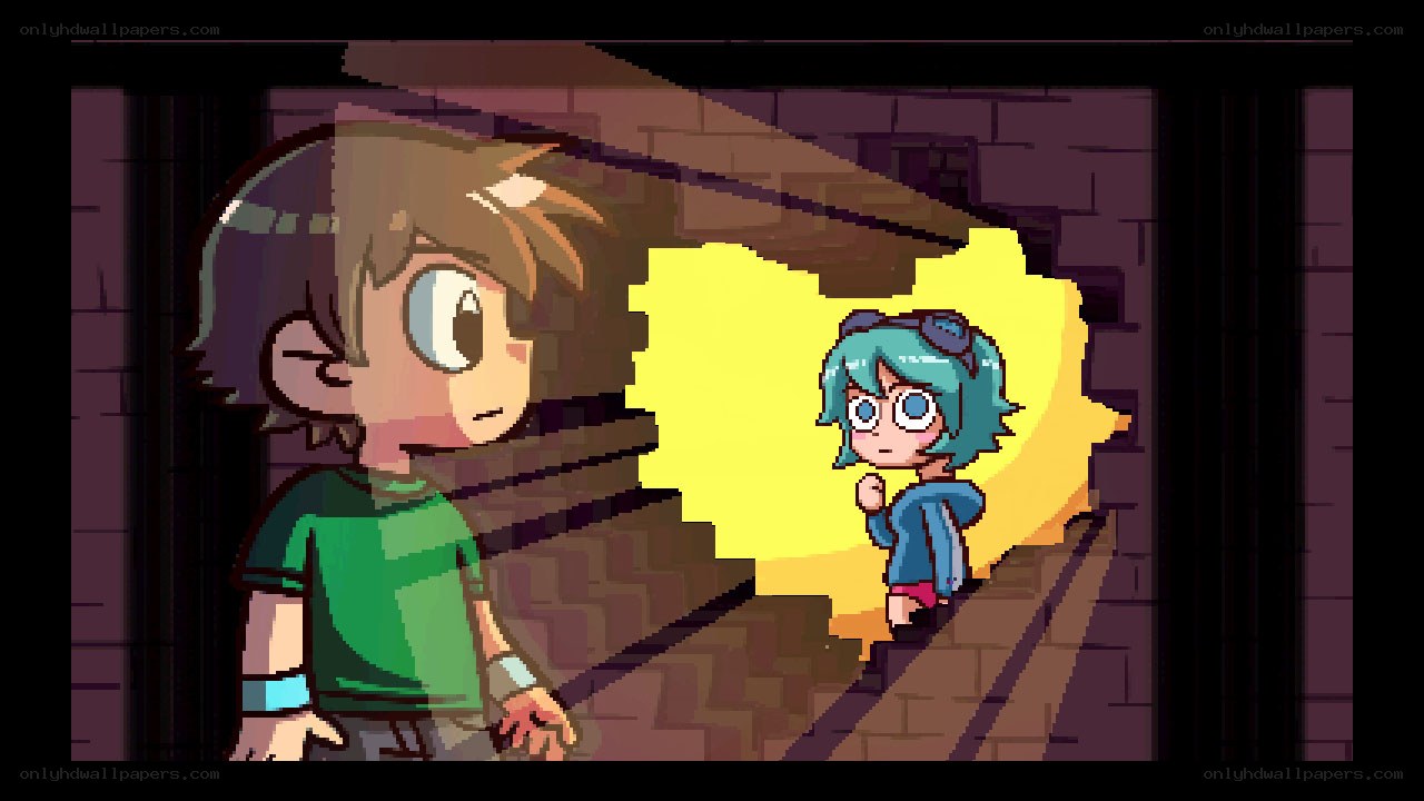 Two characters in a dark hallway