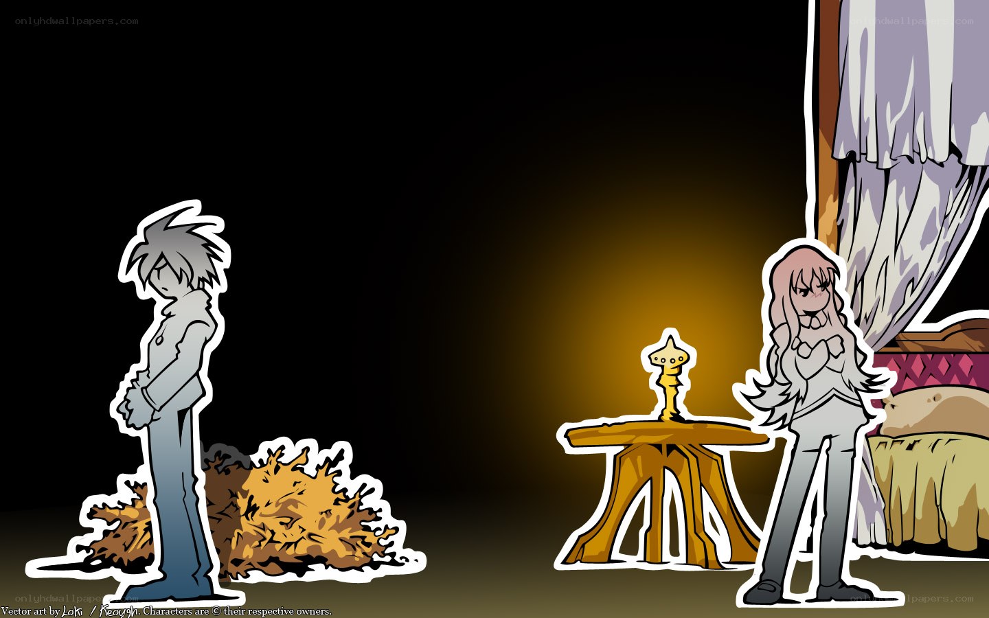 Two characters in a dark room