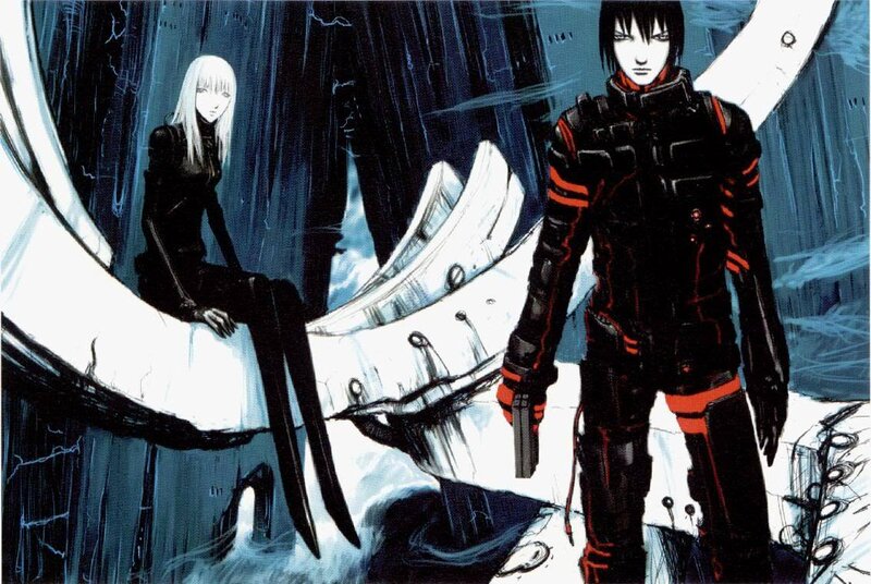 Two characters in a dark setting