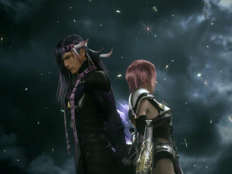 Two characters in a dark sky