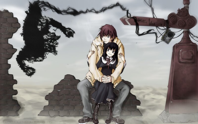 Two characters in a desolate landscape