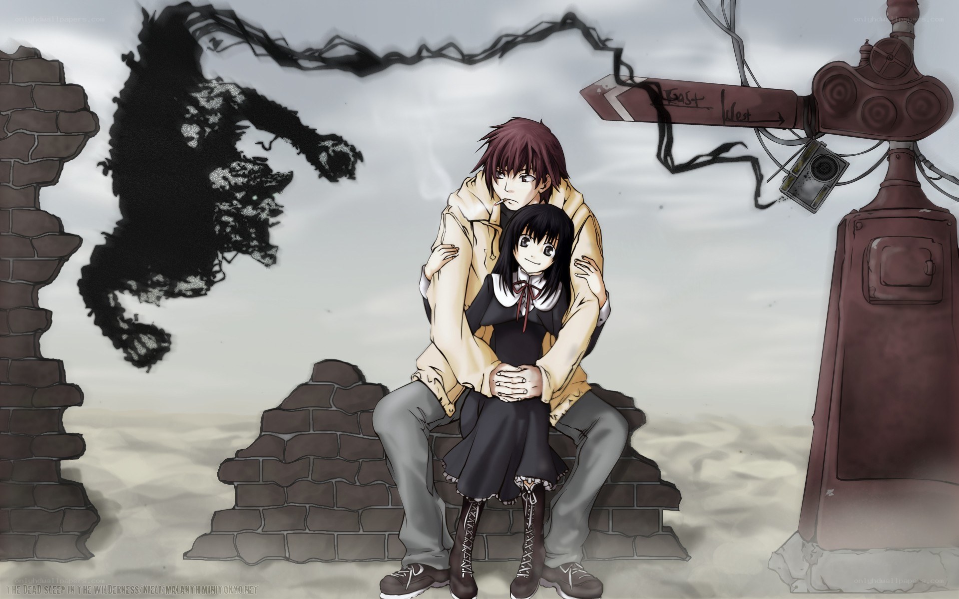 Two characters in a desolate landscape