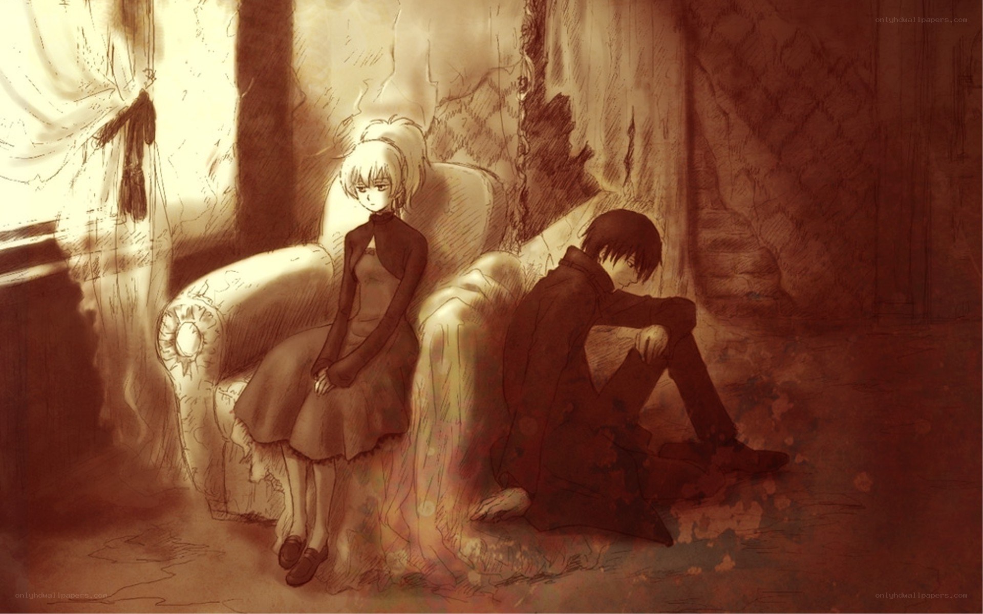 Two characters in a dimly lit room