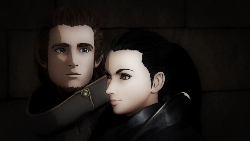 two characters in a dimly lit scene