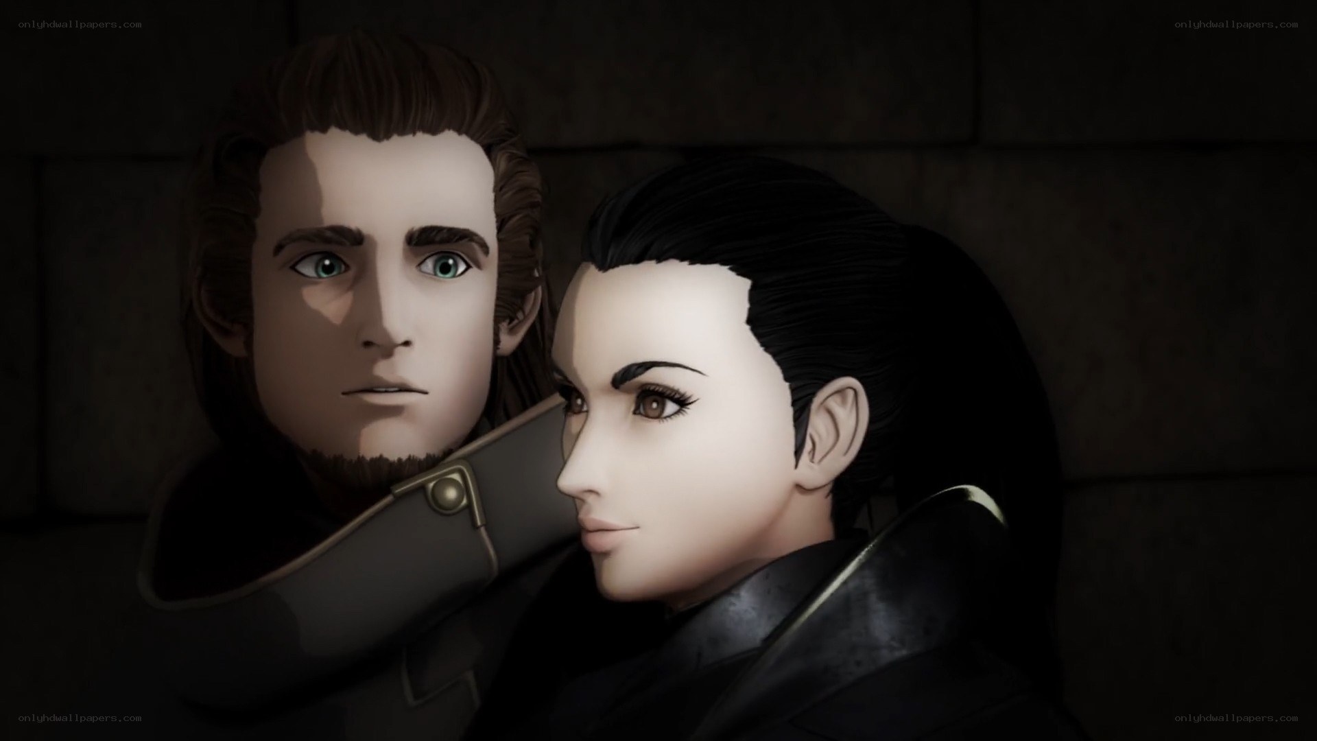 two characters in a dimly lit scene