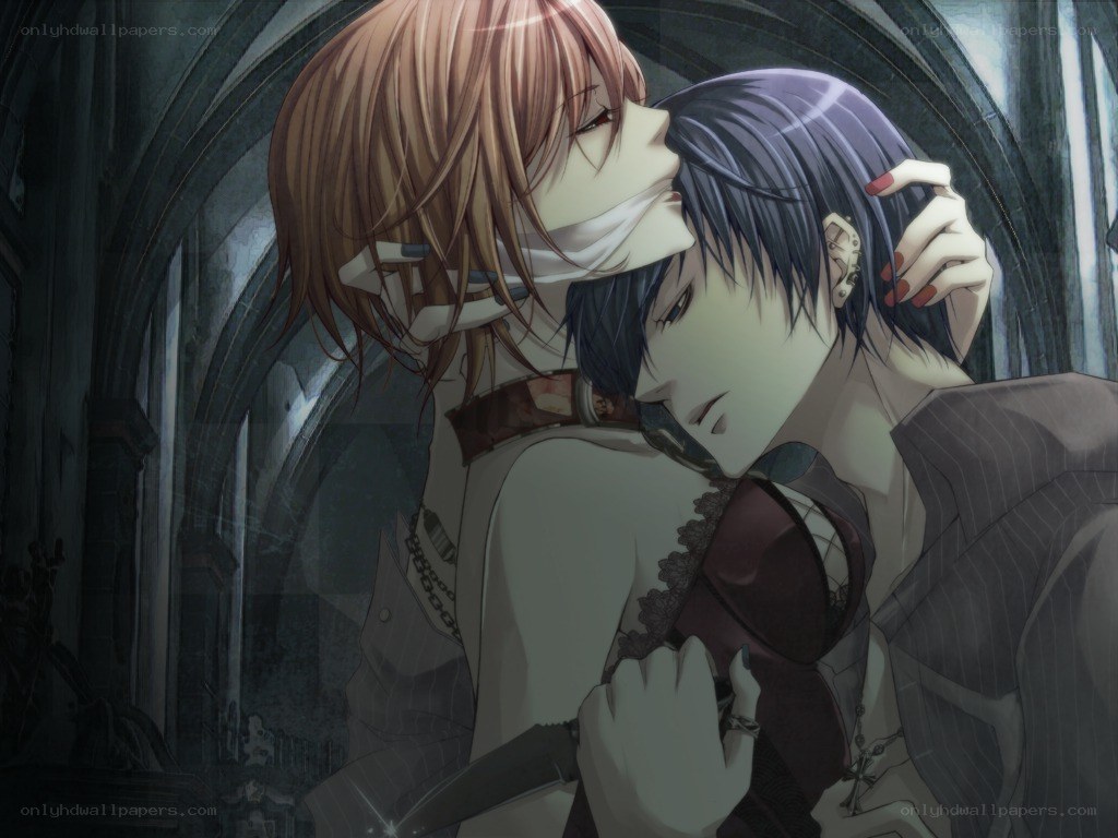 Two characters in a dramatic embrace