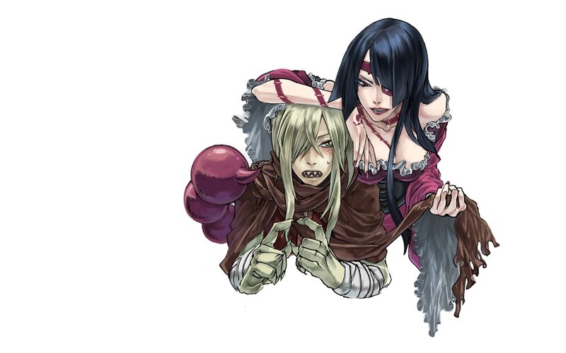 Two characters in a dramatic pose