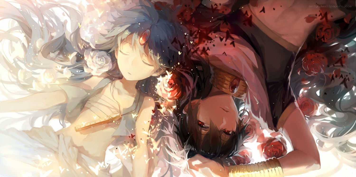 Two characters in a dreamlike embrace