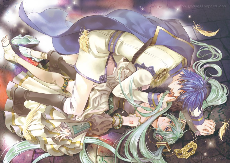 Two characters in a dreamlike embrace