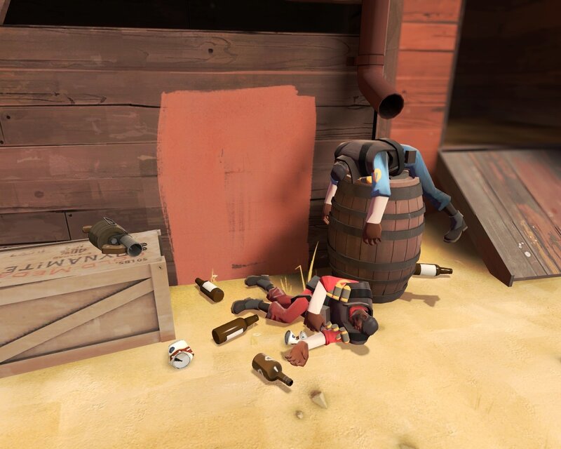 Two characters in a drunken scene