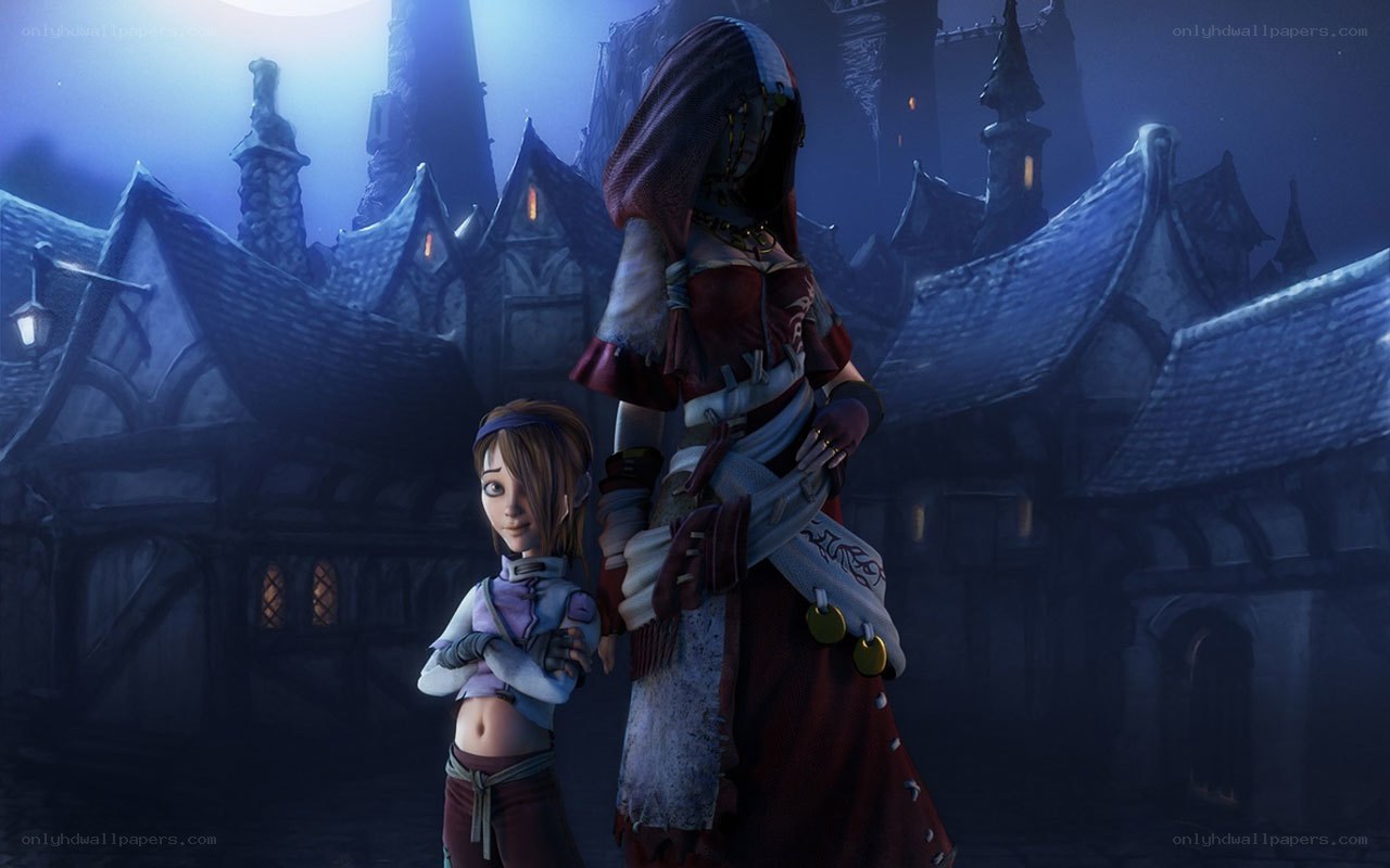 Two characters in a fantasy village