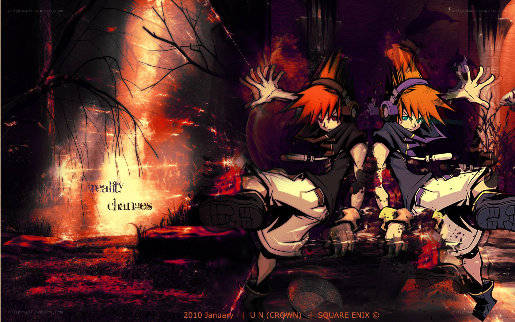 Two characters in a fiery forest