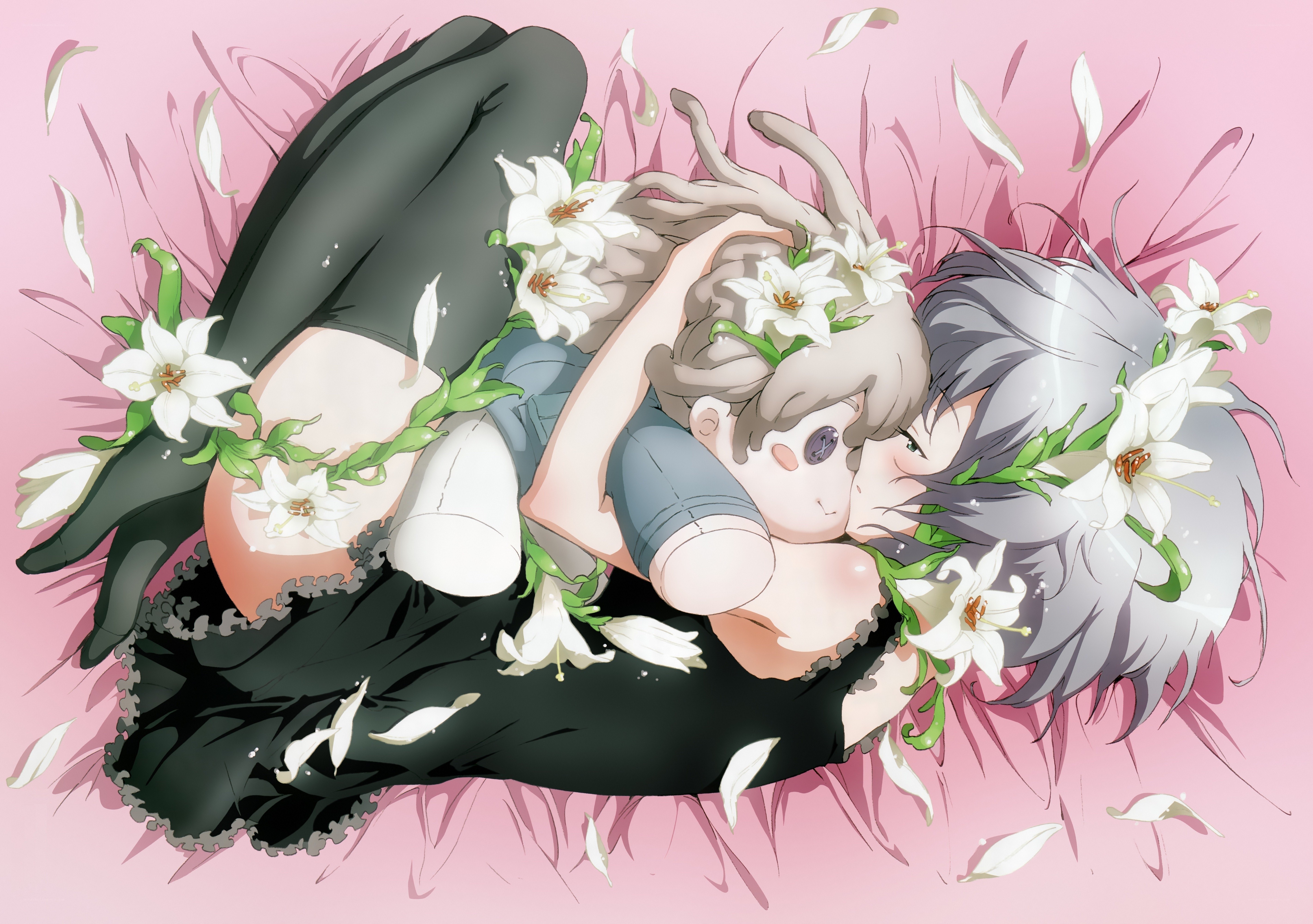 Two characters in a floral embrace