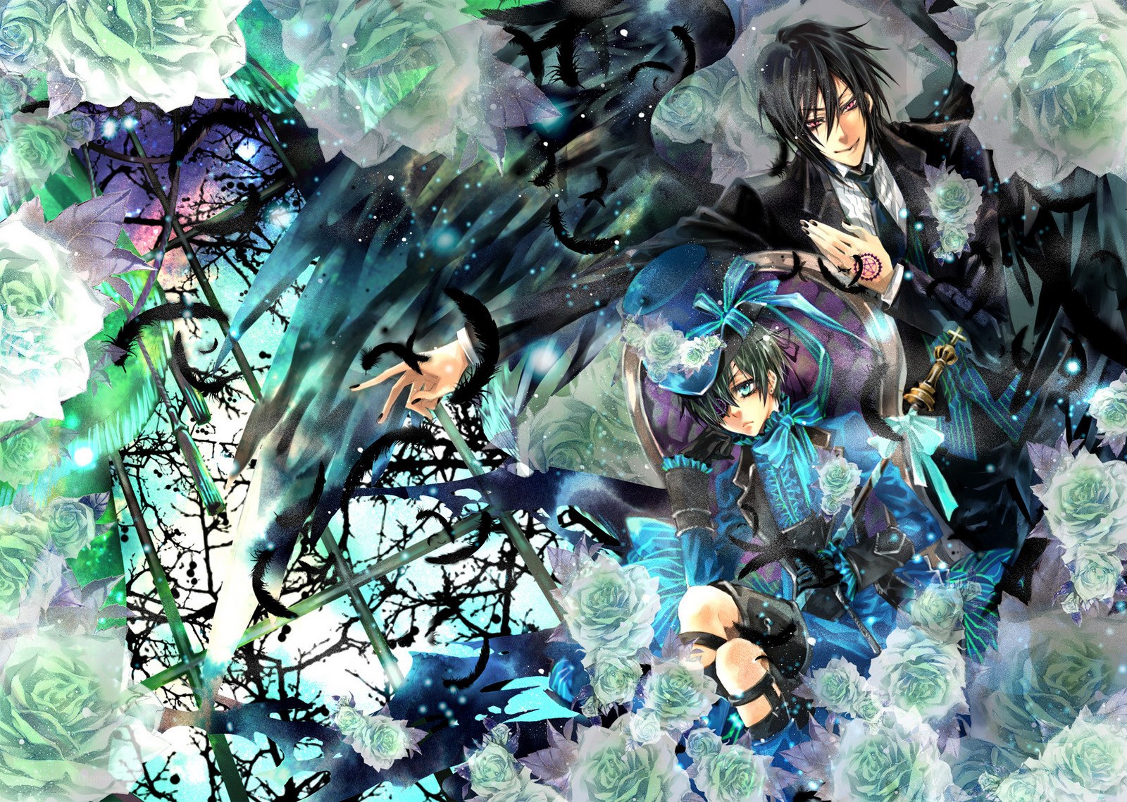 Two characters in a floral scene