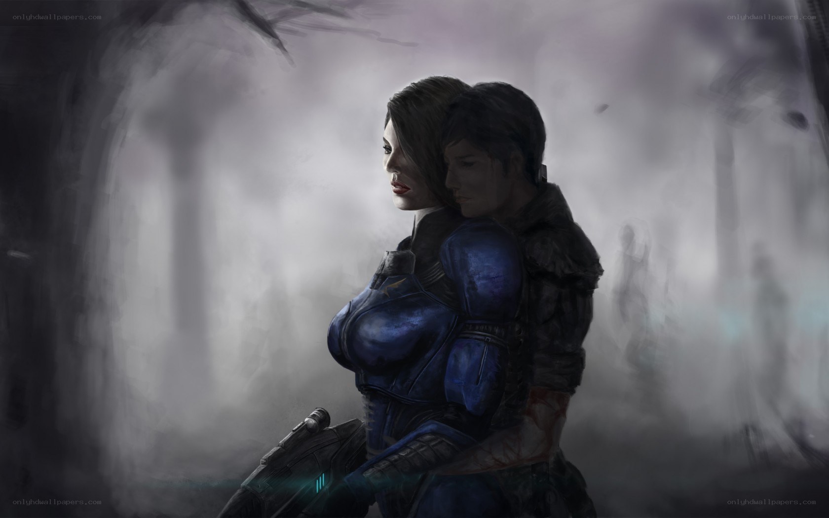 two characters in a foggy setting
