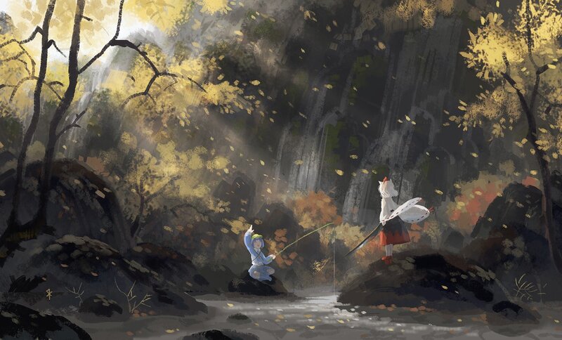 Two characters in a forest stream