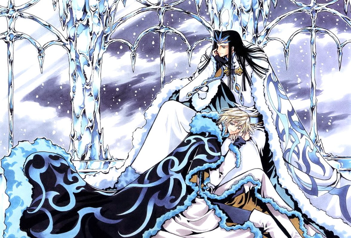 Two characters in a frozen landscape