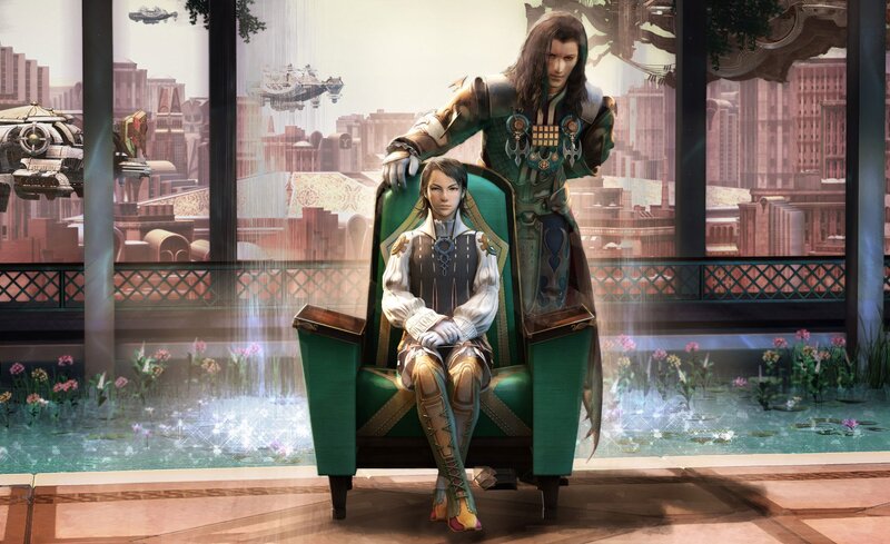 Two characters in a futuristic city