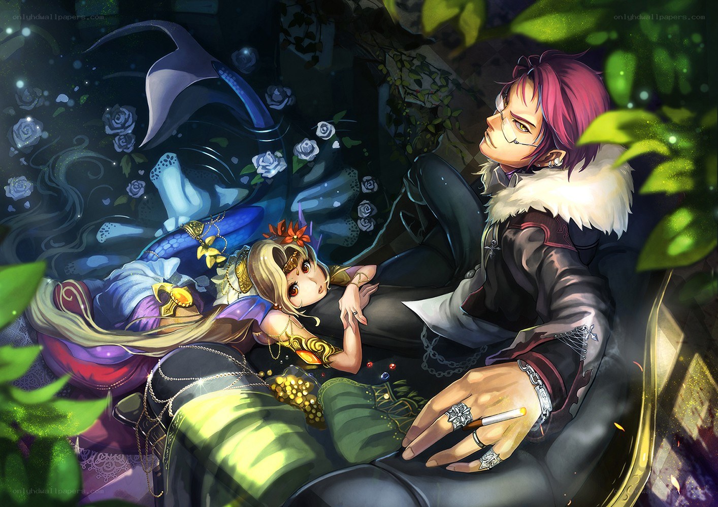 Two characters in a garden scene