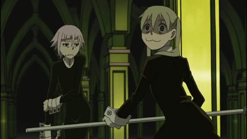 Two characters in a gothic hall