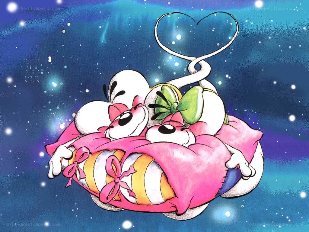 two characters in a heart-shaped bed