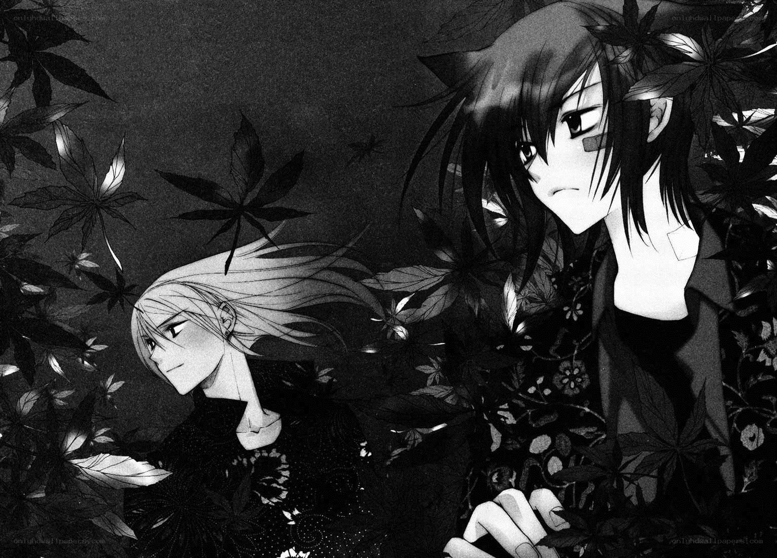 Two characters in a leafy scene