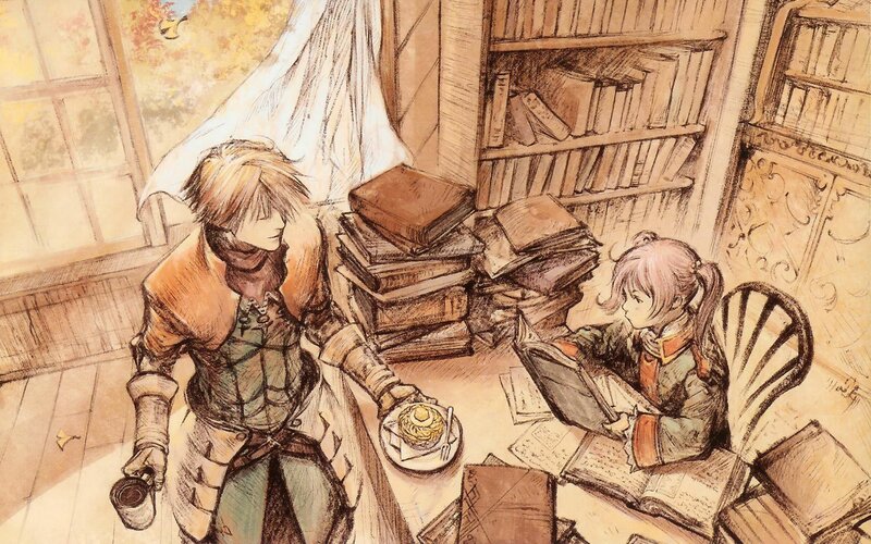 Two characters in a library