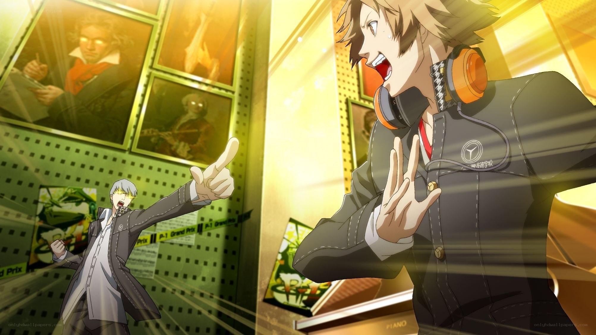 Two characters in a music shop