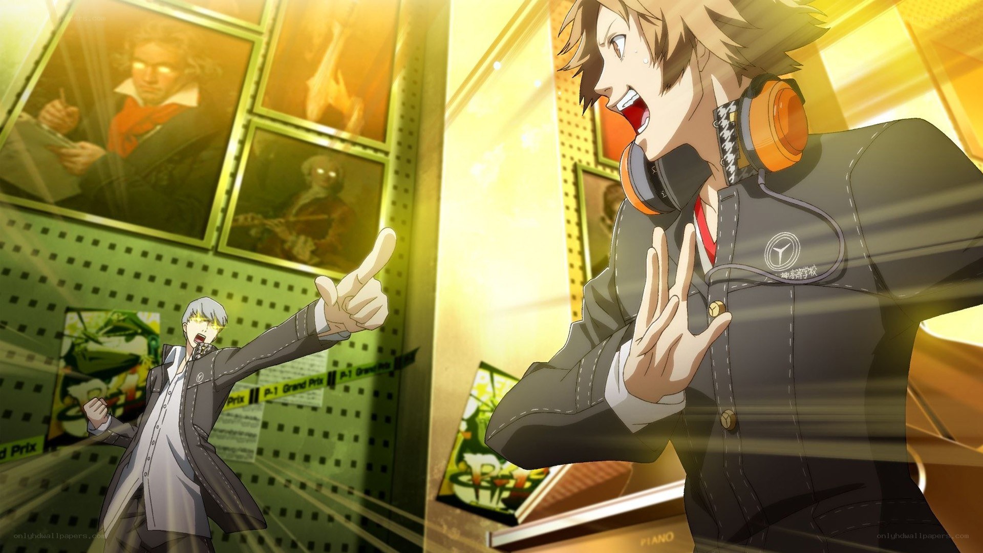 Two characters in a music store