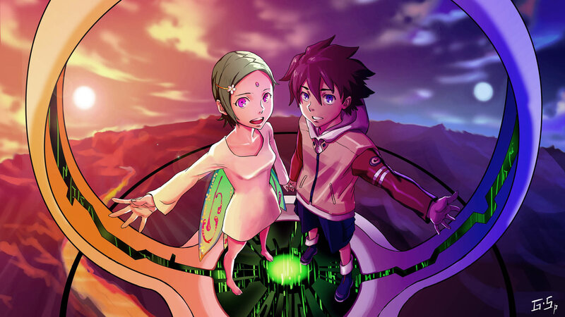 Two characters in a portal