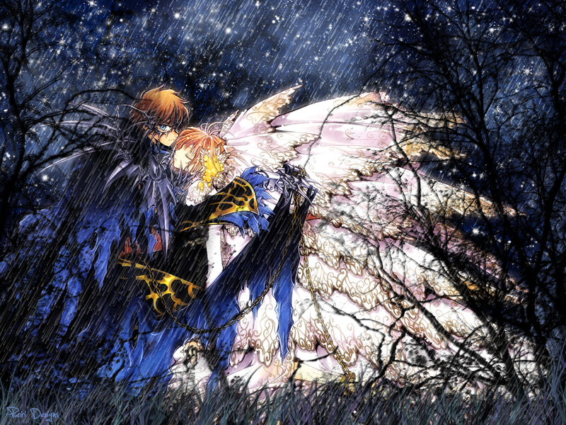 Two characters in a rainy forest