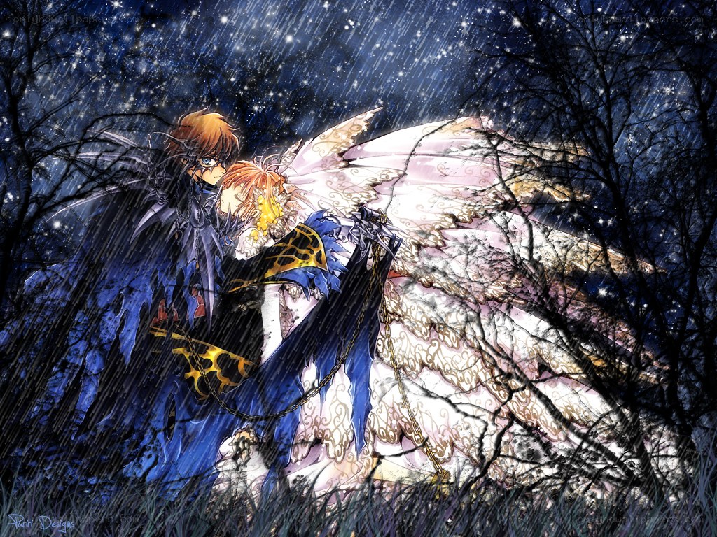 Two characters in a rainy forest