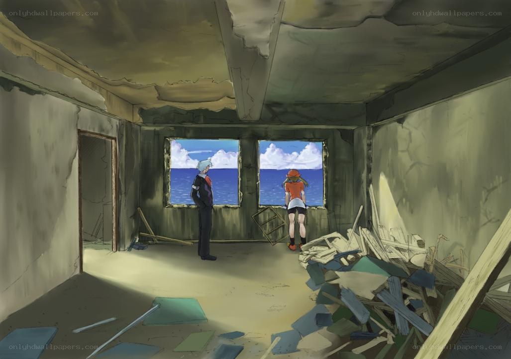 Two characters in a ruined room