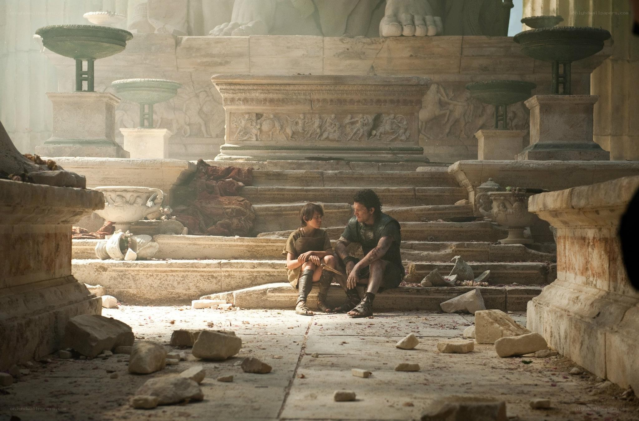 Two characters in a ruined temple
