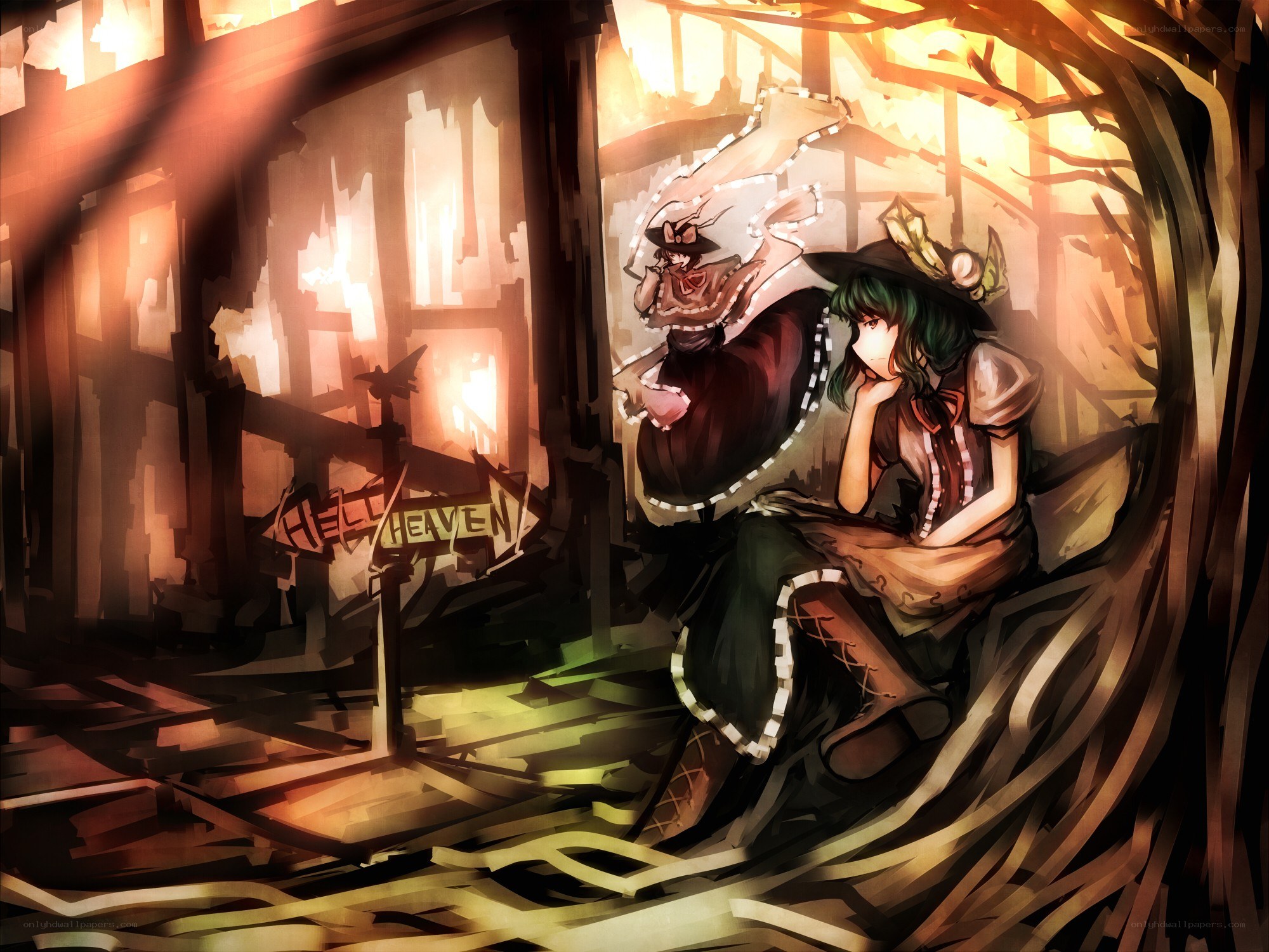 Two characters in a ruined town