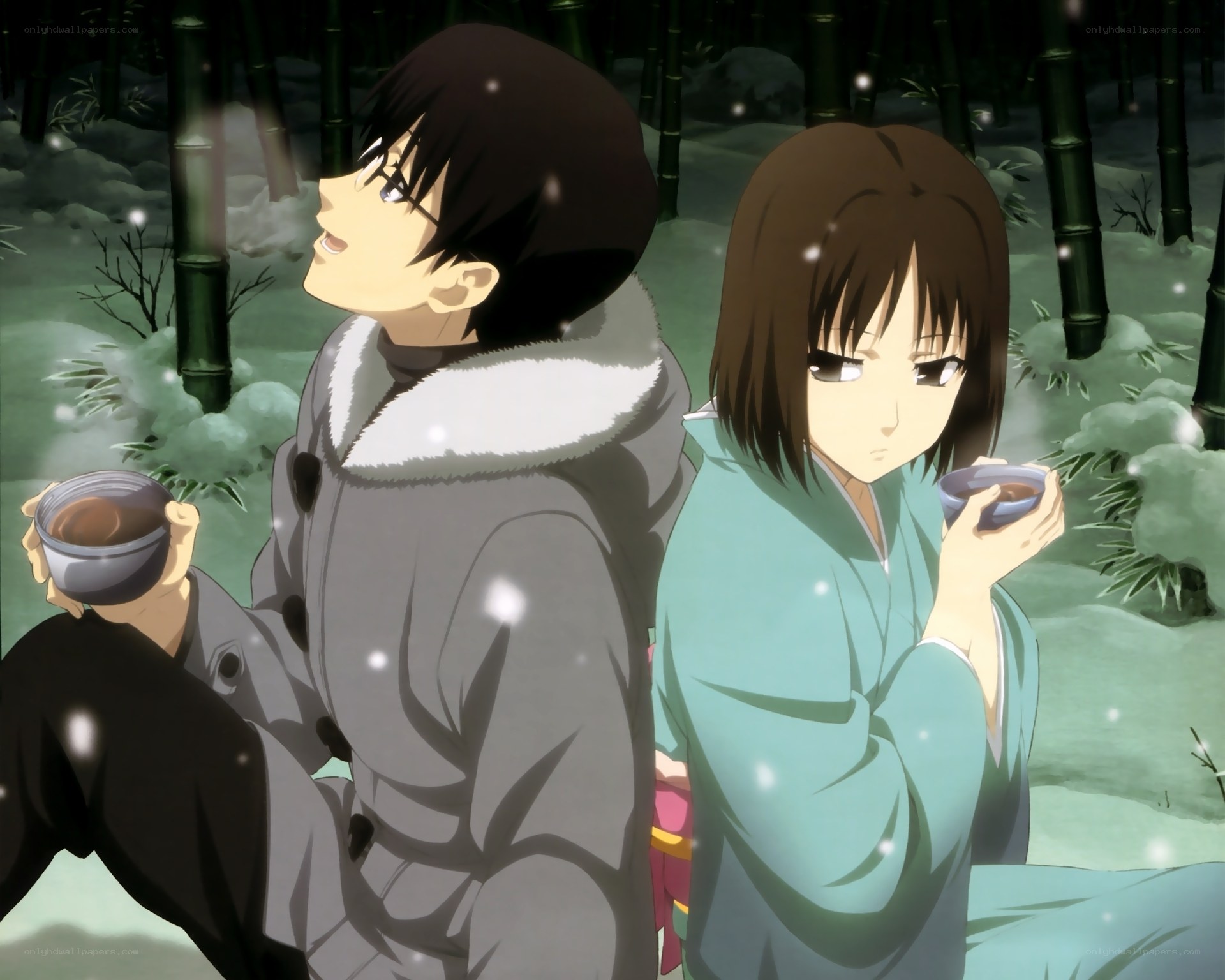 Two characters in a snowy bamboo forest