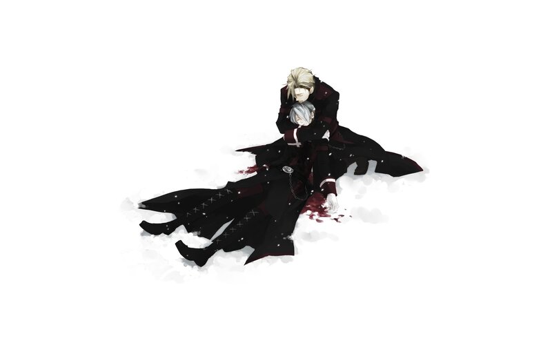 Two characters in a snowy embrace